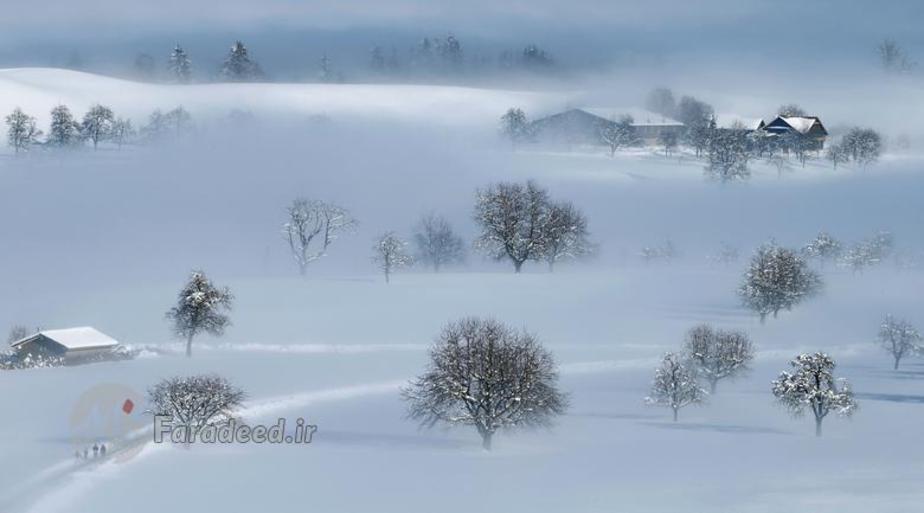 منظره ی پوشیده از برف در نزدیکی منزینگن Menzingen در سوئیس. 