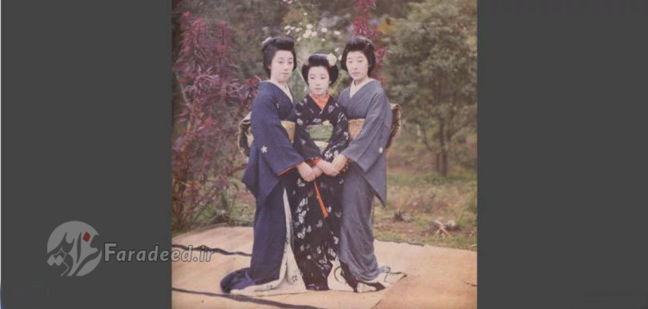 زنان ژاپنی در توکیو سال ۱۹۱۲ ، تصویر رنگی از لباس سنتی ژاپنی 